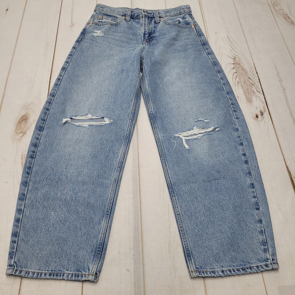 Gap barrel leg high rise jeans light wash distressed rigid 26 2 petite.